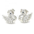Sterling Silver Stud Earring, Swan Design, with Cubic Zirconia, Rhodium Tone