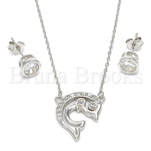Bruna Brooks Sterling Silver 10.186.0012 Earring and Pendant Adult Set, Dolphin Design, with White Cubic Zirconia, Polished Finish, Rhodium Tone