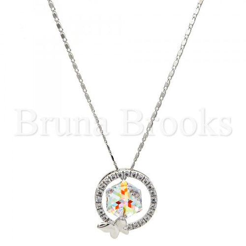 Rhodium Plated Fancy Necklace, Butterfly Design, with Swarovski Crystals and Micro Pave, Rhodium Tone