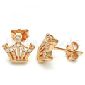 Sterling Silver Stud Earring, Crown Design, with Cubic Zirconia, Rhodium Tone