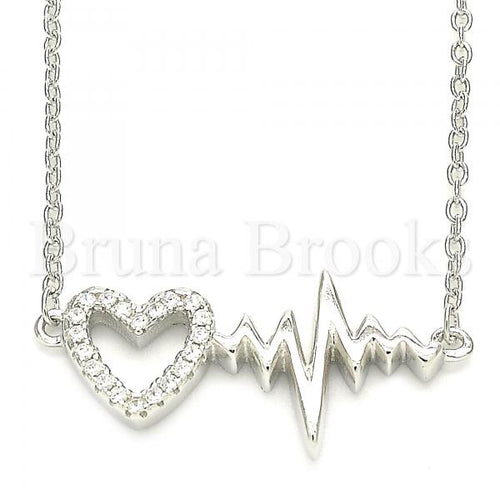 Bruna Brooks Sterling Silver 04.336.0153.16 Fancy Necklace, Heart Design, with White Crystal, Polished Finish, Rhodium Tone