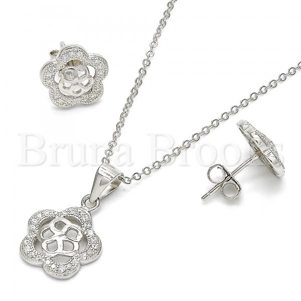Sterling Silver 10.174.0212 Earring and Pendant Adult Set, Flower Design, with White Micro Pave, Polished Finish, Rhodium Tone