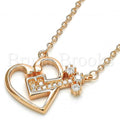 Sterling Silver Fancy Necklace, Heart and key Design, with Cubic Zirconia and Crystal, Rose Gold Tone