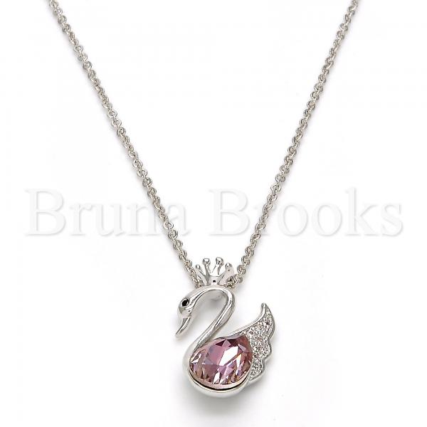 Rhodium Plated Fancy Necklace, Swan and Crown Design, with Swarovski Crystals and Micro Pave, Rhodium Tone