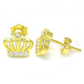 Sterling Silver Stud Earring, Crown Design, with Cubic Zirconia and Crystal, Rhodium Tone