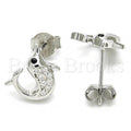 Sterling Silver Stud Earring, Dolphin Design, with Cubic Zirconia, Rhodium Tone