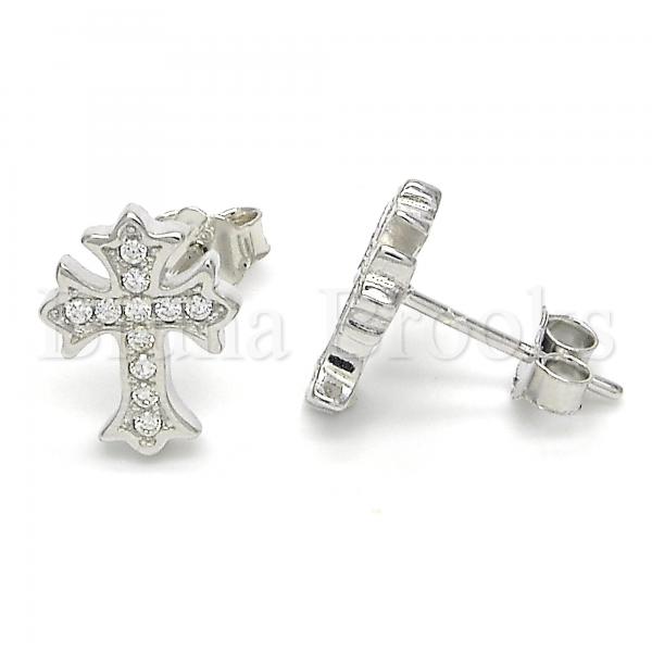 Sterling Silver Stud Earring, Cross Design, with Micro Pave, Rhodium Tone