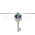 Rhodium Plated 04.239.0035.16 Fancy Necklace, key and Heart Design, with Bermuda Blue Swarovski Crystals and White Micro Pave, Polished Finish, Rhodium Tone