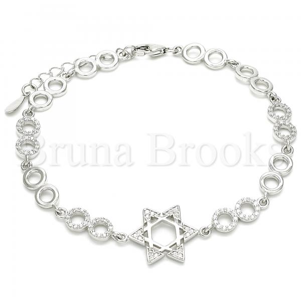 Sterling Silver Fancy Bracelet, Star of David Design, with Cubic Zirconia, Rhodium Tone