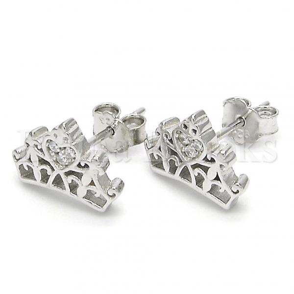 Sterling Silver 02.336.0056 Stud Earring, Crown and Heart Design, with White Crystal, Polished Finish, Rhodium Tone