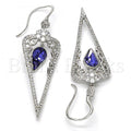 Rhodium Plated 02.26.0155 Long Earring, Teardrop and Flower Design, with Tanzanite Swarovski Crystals and White Cubic Zirconia, Polished Finish, Rhodium Tone