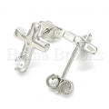 Sterling Silver Stud Earring, Cross Design, with Cubic Zirconia, Rhodium Tone