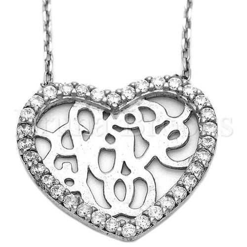 Bruna Brooks Sterling Silver 10.174.0175.18 Fancy Necklace, Heart Design, with White Crystal, Polished Finish, Silver Tone