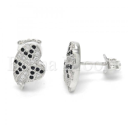 Bruna Brooks Sterling Silver 02.186.0074 Stud Earring, Heart Design, with Black and White Micro Pave, Polished Finish, Rhodium Tone