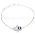 Bruna Brooks Sterling Silver 03.336.0061.08 Fancy Bracelet, Hand of God and Greek Eye Design, with White Micro Pave, Blue Enamel Finish, Rhodium Tone
