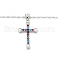 Sterling Silver Fancy Necklace, Cross Design, with Cubic Zirconia, Rhodium Tone