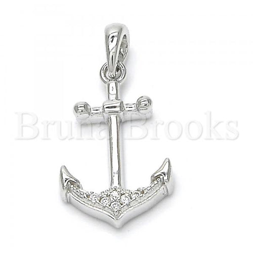 Bruna Brooks Sterling Silver 05.336.0002 Fancy Pendant, Anchor Design, with White Crystal, Polished Finish, Rhodium Tone