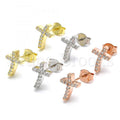 Sterling Silver Stud Earring, Cross Design, with Crystal, Rhodium Tone