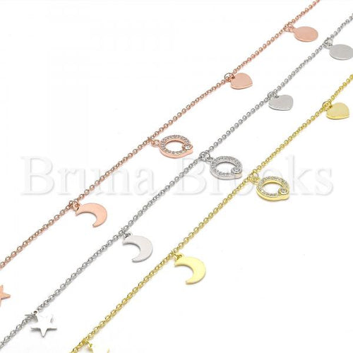 Sterling Silver Charm Anklet , Moon and Star Design, with Cubic Zirconia, Rhodium Tone