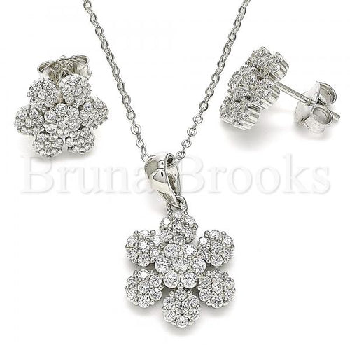 Bruna Brooks Sterling Silver 10.286.0031 Earring and Pendant Adult Set, Flower Design, with White Cubic Zirconia, Polished Finish, Rhodium Tone