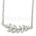 Sterling Silver Fancy Necklace, Leaf Design, with Cubic Zirconia, Rhodium Tone