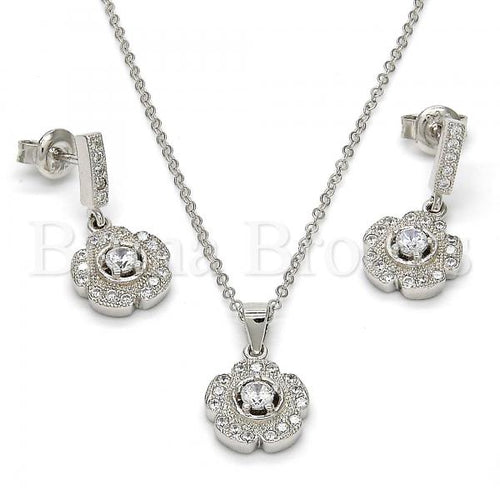 Bruna Brooks Sterling Silver 10.275.0020 Earring and Pendant Adult Set, Flower Design, with White Micro Pave and White Cubic Zirconia, Polished Finish, Rhodium Tone