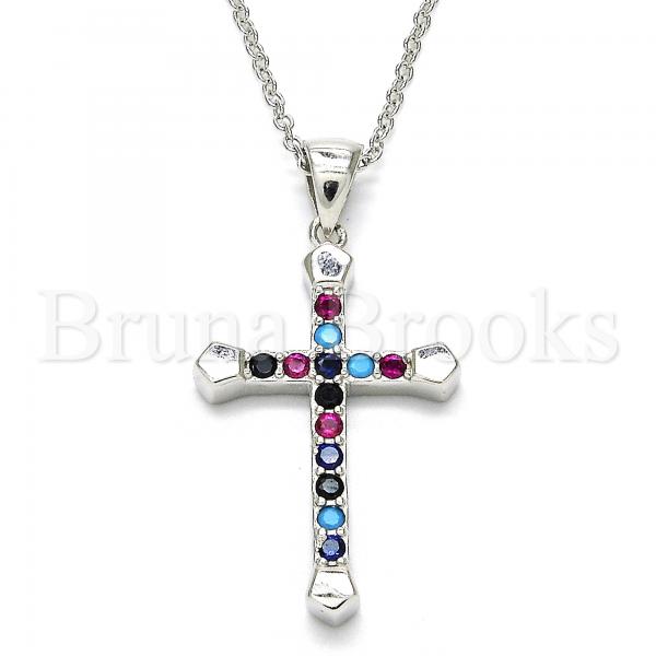 Sterling Silver Fancy Necklace, Cross Design, with Cubic Zirconia, Rhodium Tone