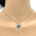 Rhodium Plated Fancy Necklace, key and Heart Design, with Swarovski Crystals and Micro Pave, Rhodium Tone