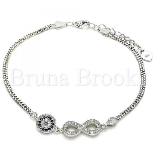 Bruna Brooks Sterling Silver 03.286.0034.07 Fancy Bracelet, Infinite Design, with Sapphire Blue and White Micro Pave, Polished Finish, Rhodium Tone