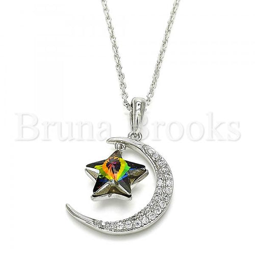 Rhodium Plated Fancy Necklace, Star and Moon Design, with Swarovski Crystals and Cubic Zirconia, Rhodium Tone