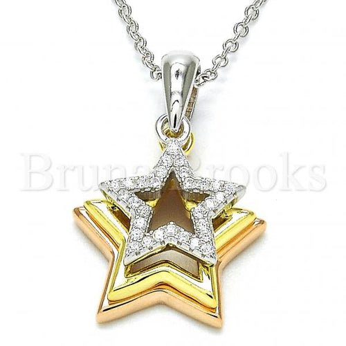 Bruna Brooks Sterling Silver 04.336.0109.16 Fancy Necklace, Star Design, with White Crystal, Polished Finish, Tri Tone