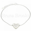 Bruna Brooks Sterling Silver 03.336.0081.08 Fancy Bracelet, Heart Design, with White Crystal, Polished Finish, Rhodium Tone