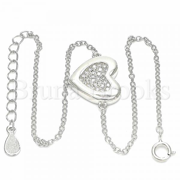 Sterling Silver 03.336.0081.08 Fancy Bracelet, Heart Design, with White Crystal, Polished Finish, Rhodium Tone