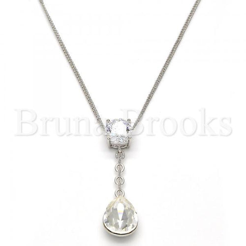 Rhodium Plated Fancy Necklace, Teardrop Design, with Swarovski Crystals and Cubic Zirconia, Rhodium Tone