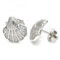 Sterling Silver Stud Earring, Shell Design, with Micro Pave, Rhodium Tone