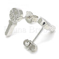 Sterling Silver Stud Earring, key and Heart Design, with Crystal, Rhodium Tone