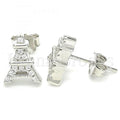 Sterling Silver Stud Earring, Eiffel Tower Design, with Crystal, Rhodium Tone