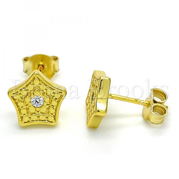 Sterling Silver Stud Earring, Star Design, with Cubic Zirconia, Golden Tone