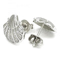 Sterling Silver Stud Earring, Shell Design, with Micro Pave, Rhodium Tone