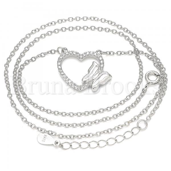 Sterling Silver 04.336.0189.16 Fancy Necklace, Heart and Butterfly Design, with White Crystal, Polished Finish, Rhodium Tone