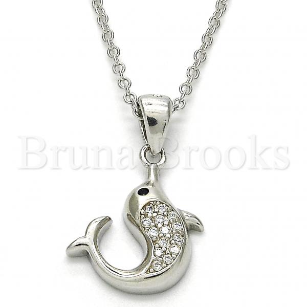 Sterling Silver Fancy Necklace, Dolphin Design, with Cubic Zirconia, Rhodium Tone