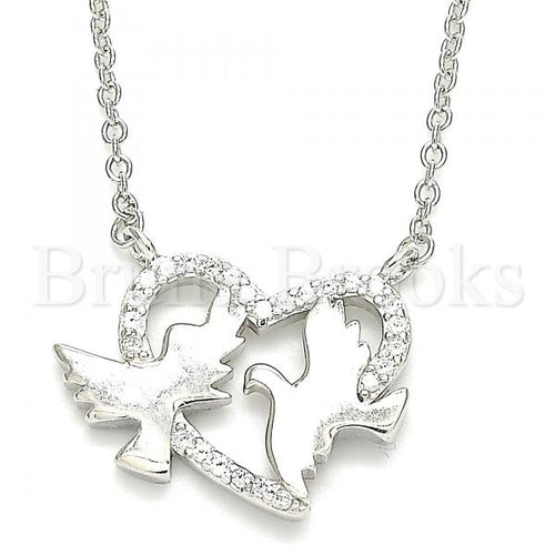 Bruna Brooks Sterling Silver 04.336.0183.16 Fancy Necklace, Bird and Heart Design, with White Micro Pave, Polished Finish, Rhodium Tone