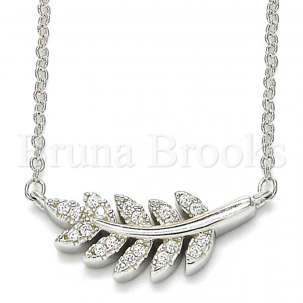 Sterling Silver Fancy Necklace, Leaf Design, with Crystal, Rhodium Tone