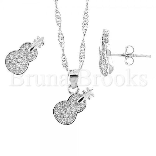 Bruna Brooks Sterling Silver 10.174.0059 Earring and Pendant Adult Set, Guitar Design, with White Micro Pave, Rhodium Tone