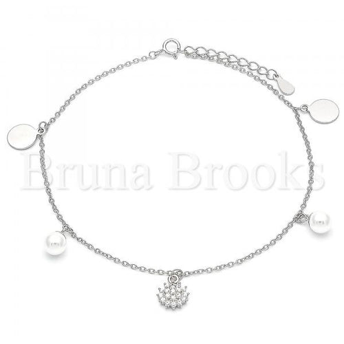 Bruna Brooks Sterling Silver 03.336.0052.10 Charm Anklet , with White Cubic Zirconia and Ivory Pearl, Polished Finish, Rhodium Tone