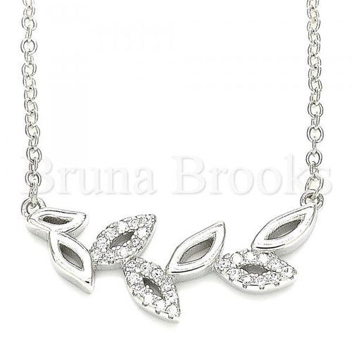 Bruna Brooks Sterling Silver 04.336.0195.16 Fancy Necklace, Leaf Design, with White Crystal, Polished Finish, Rhodium Tone