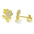 Sterling Silver Stud Earring, Flower Design, with Micro Pave, Golden Tone