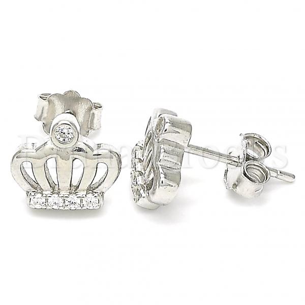 Sterling Silver Stud Earring, Crown Design, with Cubic Zirconia and Crystal, Rhodium Tone