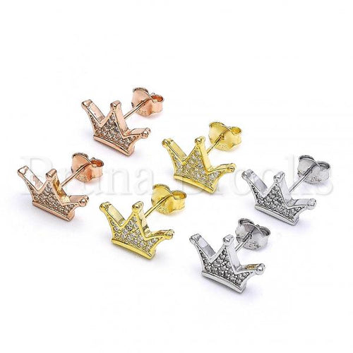 Sterling Silver Stud Earring, Crown Design, with Micro Pave, Rhodium Tone