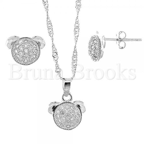 Bruna Brooks Sterling Silver 10.174.0065 Earring and Pendant Adult Set, Teddy Bear Design, with White Micro Pave, Rhodium Tone